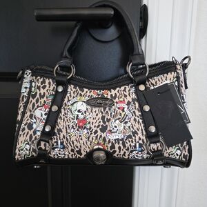 NWT Ed Hardy Leopard Print Women's Bag - Black and Tan With Removable Strap